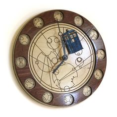 a wooden clock with an image of a doctor who is in the middle of it