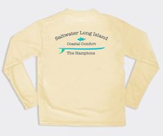 Read Description before purchasing! Saltwater Long Island lifestyle long sleeve crew neck tee featuring our coastal comfort "Surfboard Design" design on the back, our "Classic Embroidered Fish Logo" on the front. Premium Peruvian cotton Perfect for vacations, beach days, bay, pool, boating, fishing, surfing, and more! Unisex -- perfect for everyone. Athletic cut- So if you are typically a LARGE go XL Size Up across the board. Trust us we wouldn't steer you wrong. Made in Peru Preshrunk 100% cott Embroidered Fish, Island Lifestyle, Sunrise Colors, Island Life Style, Surfboard Design, Fish Logo, Surf Board, Fish Design, Beach Days