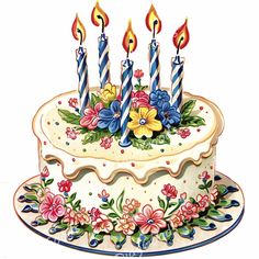 a birthday cake with lit candles and flowers on the top is decorated in blue, pink, yellow and white