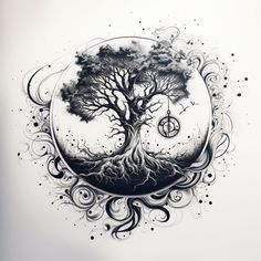 a drawing of a tree in the middle of a circle with swirls and circles around it