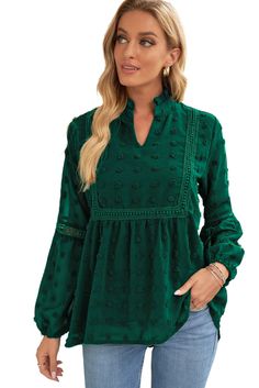 Green Ruffled Split Neck Lace Hollow Out Puff Sleeve Polka Dot Blouse Casual Swiss Dot Blouse For Fall, Casual Swiss Dot Tops For Fall, Full Sleeve Top, Lace Sleeve Top, Ball Decorations, Lace Chiffon, Long Puff Sleeves, Chiffon Shirt, Swiss Dot