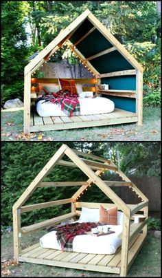 an outdoor cabana lounge made out of pallets and wood with text overlay that says build your own outdoor cabana lounge