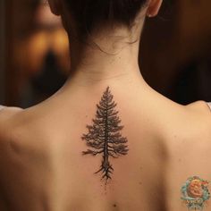 the back of a woman's neck with a pine tree tattoo on it