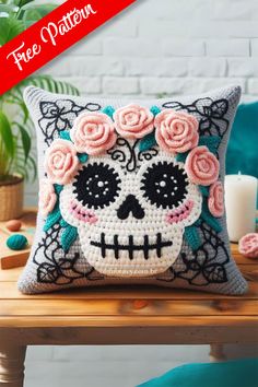 Sugar Skull Crochet Pillow Sugar Skull Crochet, Crochet Sugar Skull, Skull Crochet, Day Of The Dead Celebration, Crochet Pillow Patterns Free, Detailed Crochet, Skull Pillow