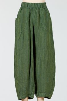 Flax's Seamly Pant is a stylish pant with a flattering, roomy fit and subtle seaming details. These seersucker linen pants pull on with a wide elastic waistband. The leg is full and taper at the ankle for a lantern style look. Curved patch pockets that give a unique style, making these pants a great base for a stylish outfit. Falls about ankle length. Offered in a green and navy stripe. Made in LithuaniaFabric: 100% LinenCare: Machine Wash, Tumble Dry Medium (M): Waist 29", Hips 44", Rise 13", I Flax Clothing, Stylish Pants, Stylish Outfit, Dress Form, Size 6 Dress, Navy Stripes, Handmade Clothes, Linen Pants, Online Retail