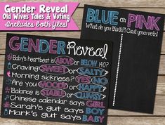 two black and pink chalkboard signs with the words gender reveal, gender reveal and gender reveal