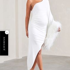 White, One Shoulder, Fur Trimmed Maternity Dress Elegant Summer Maternity Dress For Party, Elegant Summer Party Maternity Dress, Chic Fitted Maternity Dress For Party, Chic White Maternity Dress For Spring, Chic Summer Maternity Dress For Party, Chic Summer Maternity Party Dress, Chic Spring Maternity Dress For Wedding, Chic Maternity Dress For Spring Wedding, Fitted Maternity Dress For Spring Party