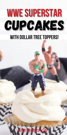 cupcakes with white frosting and two wrestlers on top are featured in this ad