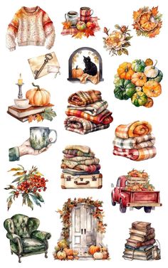 watercolor painting of fall items and pumpkins