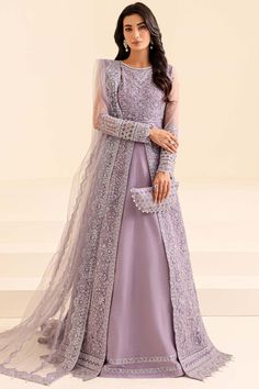 Farasha Fuchsia Fantasy Online Shopping Lilac Nikkah Dress, Lilac Engagement Dress, Ethereal Wedding Dress Romantic, Purple Pakistani Dress, Desi Clothes Aesthetic, Lilac Color Dress, Lilac Wedding Dress, Shaadi Ideas, Embroidery Goldwork