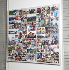 a large collage of photos is hanging on the wall