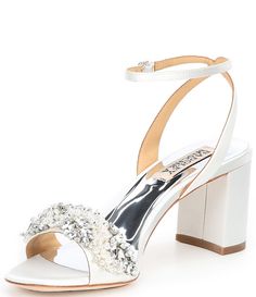 Elegant Bedazzled Sandals For Spring, Elegant Embellished Block Heel Sandals, Elegant Embellished Sandals With Block Heel, Crystal-embellished Wedding Shoes With Ankle Strap, Bridal Shoes Badgley Mischka, Badey Mischka Wedding Shoes, Jewel Badgley Mischka Shoes, Pearl-embellished High Heel Wedding Shoes For Spring, Embellishment Details