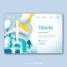 a travel landing page with an airplane in the sky