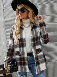 Women's Plaid Long Sleeve Loose Casual Flannel Shirt & Jacket Multicolor Casual  Long Sleeve Wool-Like Fabric Plaid Regular Non-Stretch Fall/Winter Women Clothing, size features are:Bust: ,Length: ,Sleeve Length: Plaid Peacoat, Plaid Outfits, Stylish Coat, Long Sleeve Outerwear, Women Overcoat, School Looks, Casual Vest, Wool Peacoat, Jacket Buttons