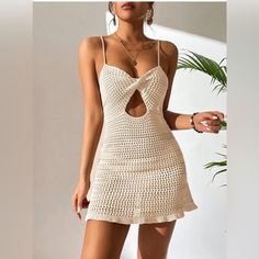 Nwot Never Worn Super Cute Cream Knit Swim Coverup Dress With Lace Up Back Detail Casual Beige Crochet Dress For Party, Casual Crochet Dress For Day Out, Casual Crochet Dress For Beach Party, Casual Beige Crochet Dress For Brunch, Trip Fits, Crochet Queen, Coverup Dress, Swim Cover Up Dress, Swim Coverup