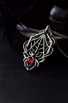 Red Spider Cobweb Pendant Sterling Silver Necklace - Gothic Witchy Artisan Jewelry - OOAK Halloween jewelry Gothic Window Design, Spiderweb Jewelry, Spider Cobweb, Gothic Window, Red Spider, Witchy Aesthetic, Necklace Gothic