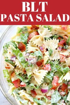 pasta salad with bacon and lettuce in a glass bowl