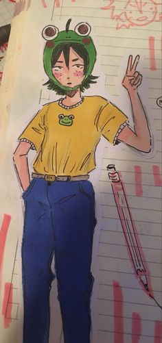 a drawing of a person wearing a green helmet and holding a pencil in one hand