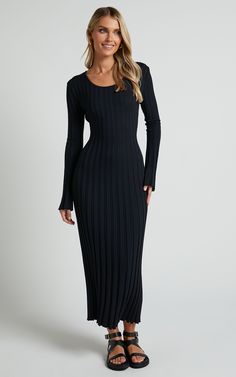 Blaire Midi Dress - Long Sleeve Tie Back Flare Dress in Black | Showpo USA Evening Long Sleeve Ribbed Sweater Dress, Evening Ribbed Long Sleeve Sweater Dress, Evening Ribbed Sweater Dress With Long Sleeves, Sleek Ribbed Dress For Fall, Sleek Ribbed Fall Dress, Black Long Sleeve Viscose Midi Dress, Black Viscose Long Sleeve Midi Dress, Long Viscose Dress For Fall, Long Sleeve Viscose Maxi Dress For Fall