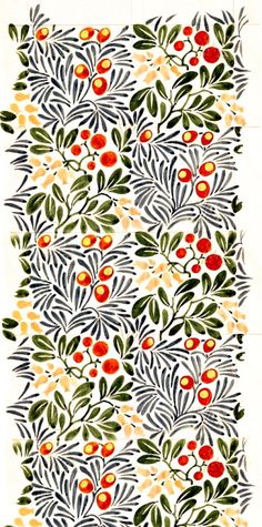 an artisticly designed wallpaper with fruit and leaves