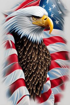 an eagle with the american flag on it's back is shown in this image