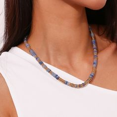 Add some playful bohemian vibes to your outfit with our Gemstone Rondelle Beaded Gold Necklace. Choose your favorite gemstone for a unique and ethnic touch. Perfect for everyday wear or special occasions. (Boho-chic never looked so good!) DETAILS & SIZE Finish: 18K gold plate Material: Stainless Steel, Gemstone Measurements: Beads: approx. 6.5mm; Chain: 18" + 2" extension Lobster Claw clasp Waterproof, tarnish-resistant, and nickel free Shop Necklaces for more options to layer with this! Casual Festival Jewelry With Large Beads, Casual Large Beads Jewelry For Festival, Earthy Beaded Blue Jewelry, Bohemian Jewelry With Colorful Heishi Beads, Agate Beaded Necklaces For Jewelry Making, Bohemian Blue Beaded Necklaces With Natural Stones, Blue Bohemian Beaded Necklace With Natural Stones, Bohemian Blue Necklaces With Natural Stones, Casual Wooden Beads For Festival