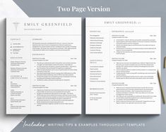 the two page resume template is shown on top of a table with pencils and paper