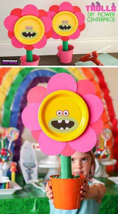 Geheimagenten Party, Wonderland Classroom, Troll Party Theme, Flower Pot Centerpiece, Flower Party Decorations, Parties Decorations, Trolls Party, Princess Poppy