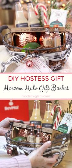 two baskets filled with different types of holiday gifts and the words diy hostess gift moscow mule gift basket