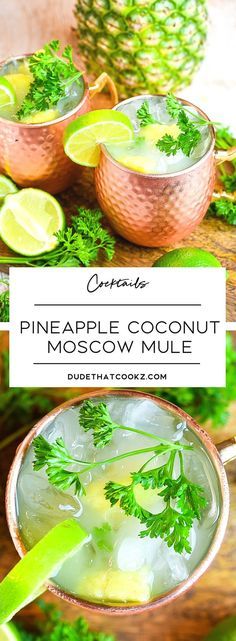 pineapple coconut moscow mule recipe in copper bowls with lime wedges on the side