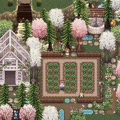 an aerial view of a garden with lots of trees and flowers in the middle of it