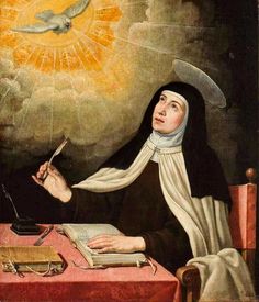 a painting of a nun holding a pen and looking up at the sun above her