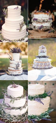 four different types of wedding cakes with lavenders on top