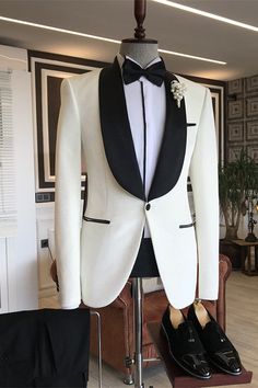 Colin Fancy White Shawl Lapel Slim Fit Men Suits For Wedding Suit For Groom, Lapel Wedding, White Tux, Black And White Suit, White Shawl, Wedding Suits Groom, Black Shawl