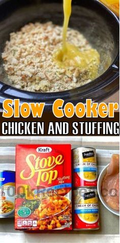 slow cooker chicken and stuffing is being poured into a crock pot with sauce