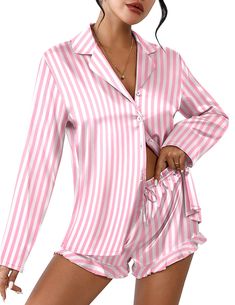 PRICES MAY VARY. 【High Quality Material】: The Super Soft Silky Pajama Set is made for 95%polyester5%spandex. Ultra Soft Silky Ekouaer Sleepwear, brings you more Breathble, Comfortable and Skin-Friendly Feeling 【Pajama Top】: Ekouaer 2 piece Pj set, long sleeve satin shirts, turn-down collar, v neck collar, sleepshirt hits at hip. Classic stripe and basic solid, full button design is easy to put on and take off 【Pajama Bottoms】:Two piece pajama set for women featuring classic casual loungewear set Satin Pajama Sets, Bridal Sleepwear, Bridal Nightwear, Satin Shirts, Satin Pajama, Silk Pajama Set, Long Sleeve Striped Top, Satin Pyjama Set, Satin Pajamas