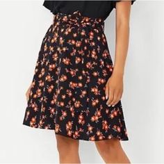 Lined Back Zipper Closure 100% Viscose Black Floral Print Skirt, Chic Orange Floral Print Skirt, Orange Skirt For Workwear In Summer, Ann Taylor Petite, Floral Mini Skirt, Lilac Flowers, Black Orange, Orange Black, Orange Color