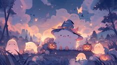 a cat with a witches hat sitting on top of a hill surrounded by pumpkins