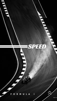 a black and white photo of a car driving on a race track with the words speed written across it