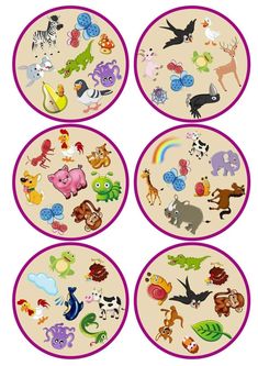 four plates with different types of cartoon animals on them, all in pink and purple