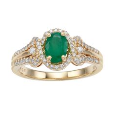 Featuring a gorgeous green emerald center stone complemented by round-cut diamond accents, this intricate 14k gold ring beautifully accents your look. Featuring a gorgeous green emerald center stone complemented by round-cut diamond accents, this intricate 14k gold ring beautifully accents your look. Width: 7 mm Metal: 10k gold Finish: polished Packaging: boxedSTONE DETAILS Stone type: emerald Center stone size: 7 mm x 5 mm Shape: oval Setting: prongDIAMOND DETAILS Total weight: 1/4 ct. Shape: r Classic Green Halo Ring With Diamond Accents, Elegant Green Birthstone Ring With Diamond Accents, Gold Vision Board, Simple Diamond Ring, Promise Rings Simple, Art Deco Emerald Ring, Art Deco Emerald, Ring Cuts, Oval Setting