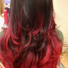 Dyed Tips On Layered Hair, Layer Tips Dyed, Brown With Red Tips Hair, Dyed Red Tips Hair, Tipped Hair Color Dip Dye, Red Hair Dip Dye, Black Faded To Red Hair, Black Faded Into Red Hair