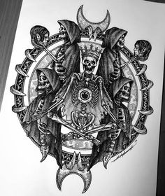 a black and white drawing of skulls with swords in their hands, surrounded by other skulls