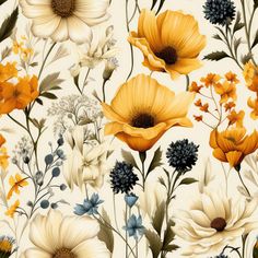 yellow and white flowers on a cream background with blue, orange, and green leaves