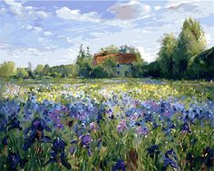 a painting of blue and purple flowers in a field