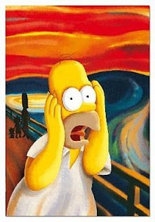 the simpsons is holding his hand up to his face as he stands in front of a painting