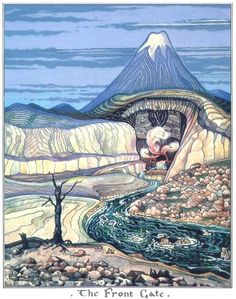 the front cover of an illustrated book with mountains in the background and a river running through it