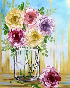 an oil painting of flowers in a vase with the word b e on it's side