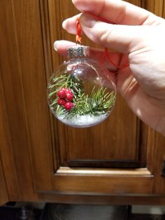 a hand holding a glass ornament filled with plants and red berries in front of a wooden door