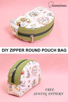 two zippered pouch bags sitting side by side on a pink background with the words diy zipper round pouch bag